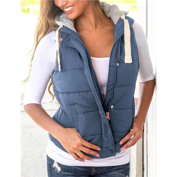 Yeokou Women's Slim Sleeveless Quilted Removable Hooded Winter Puffer Vest Coat - Picture 3 of 7